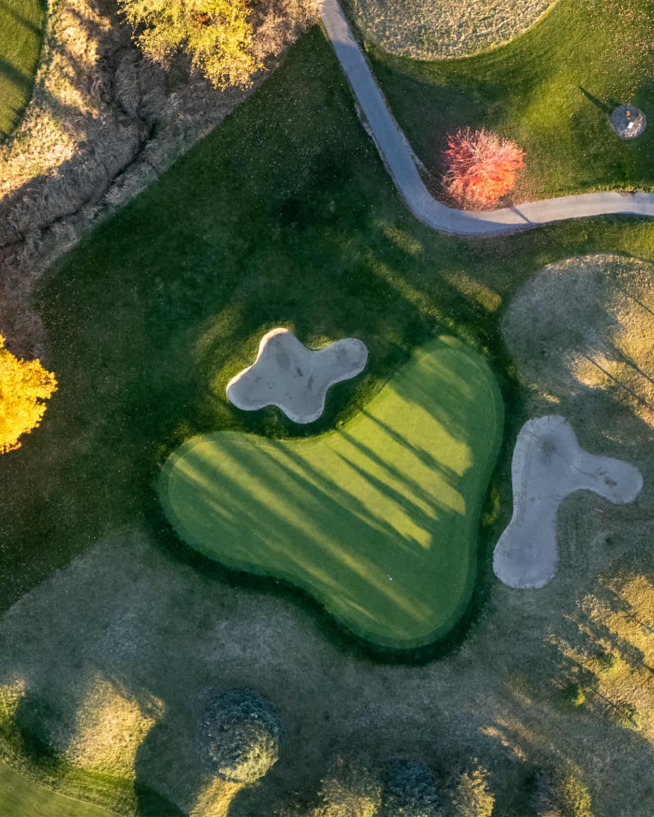 Top-down view of a bunkered green in low, raking evening light